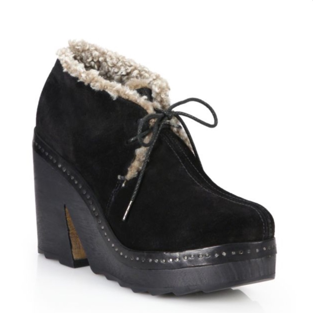 Rag & Bone Inez Black Suede Shearling Desert Chunky Lace Up‎ Clog Boots 10-10.5